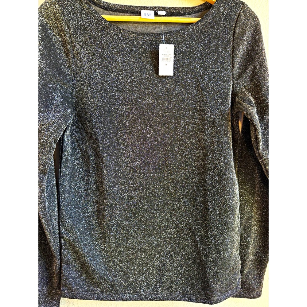 GAP Women's Gray Metallic Glitter Knit Pullover Top Scoop Neck Long Sleeve M